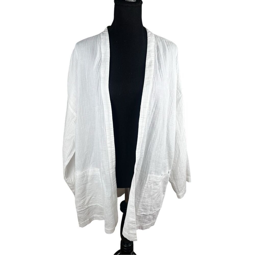 Eileen Fisher Jacket Womens Xl White Organic Cotton Gauze Kimono Open Front